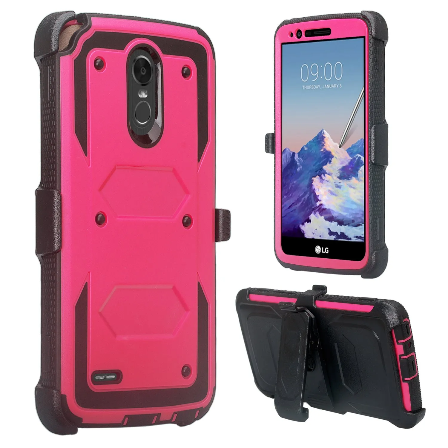 LG Stylo 3 Case, LG Stylo 3 Plus Case, Triple Protection 3-1 w/ Built in Screen Protector Heavy Duty Holster Shell Combo Case for LG Stylo 3 - Hot Pink