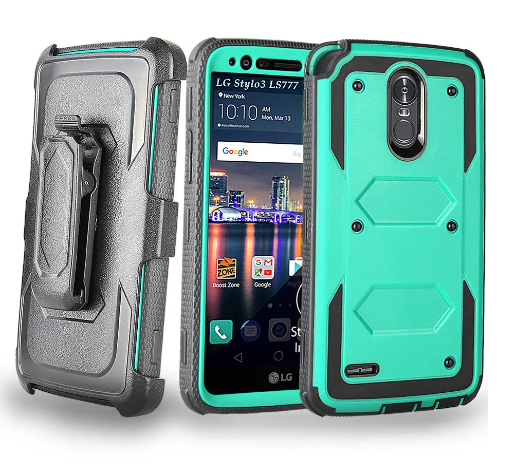 LG Stylo 3 Case, LG Stylo 3 Plus Case, Triple Protection 3-1 w/ Built in Screen Protector Heavy Duty Holster Shell Combo Case for LG Stylo 3 - Teal
