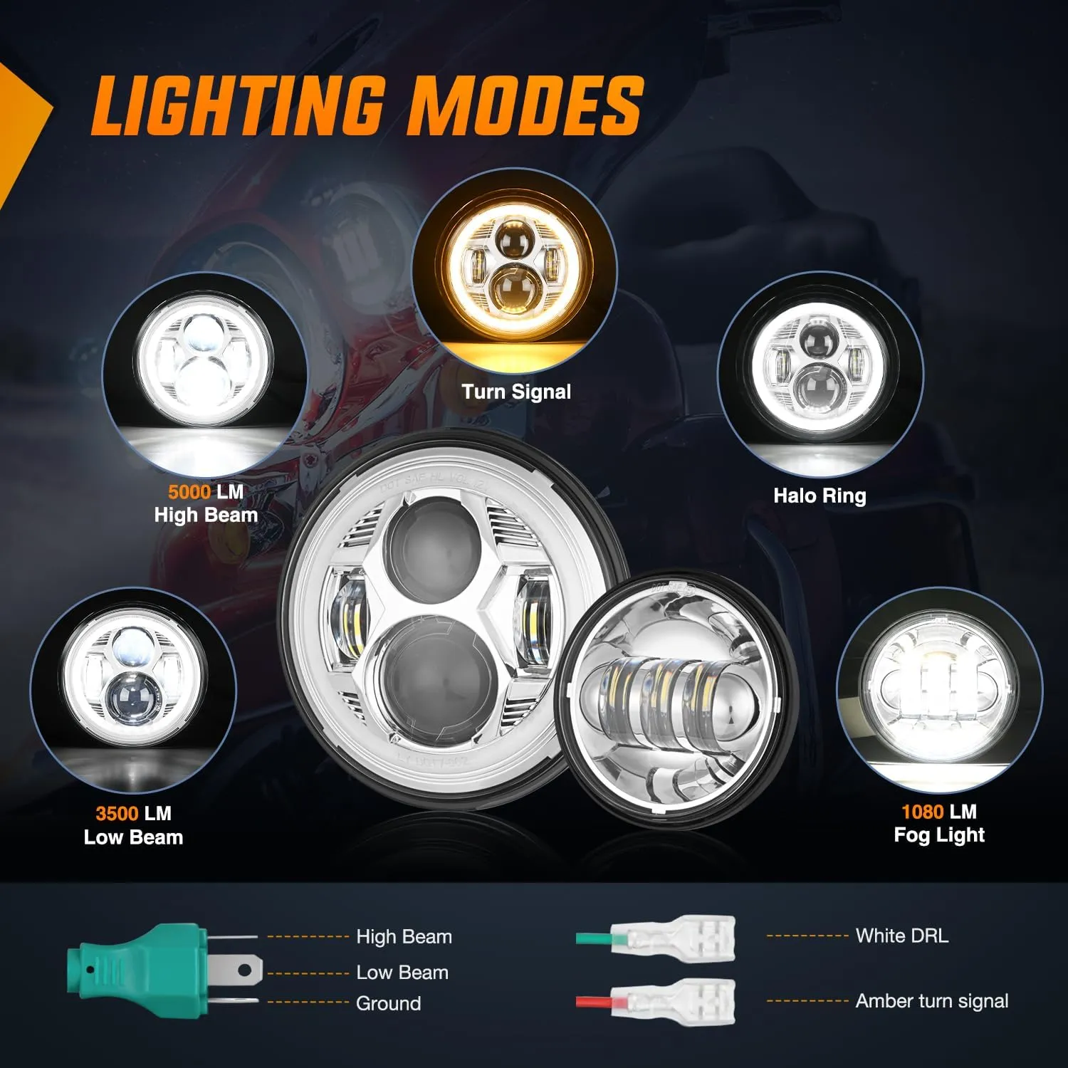 Motorcycle 7Inch DRL LED Headlights 4.5Inch Fog Lights Chrome Kits