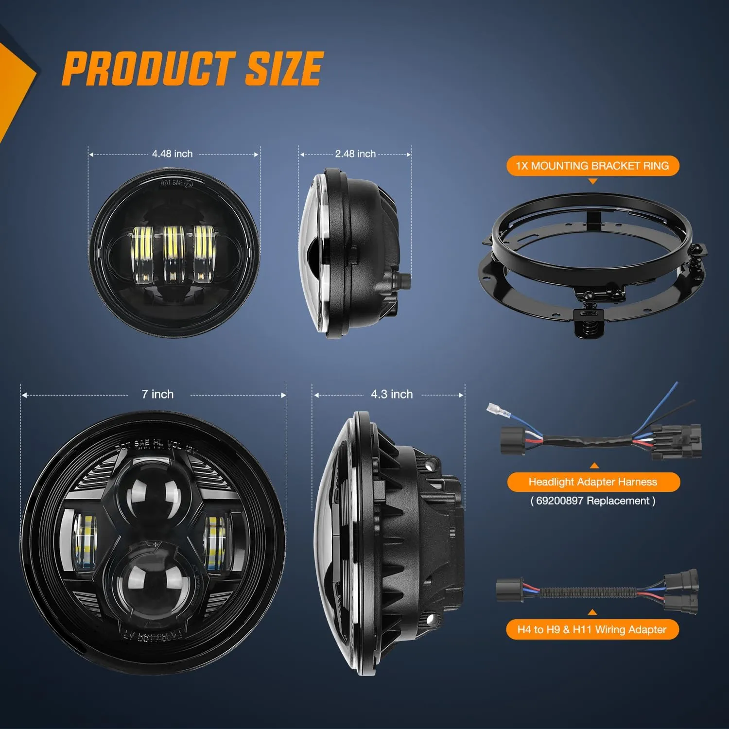 Motorcycle 7Inch LED Headlights 4.5Inch Fog Lights Black Kits