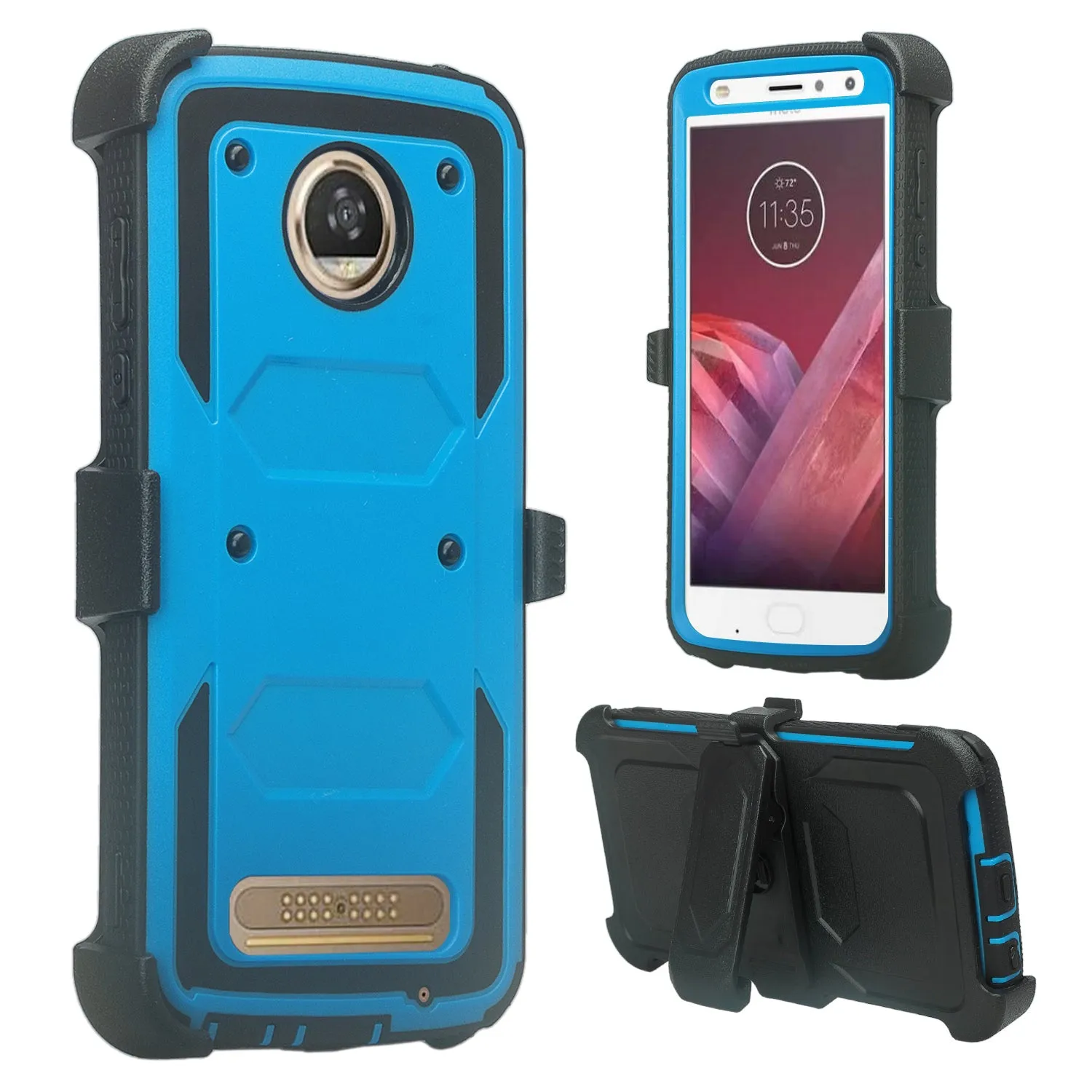 Motorola Moto Z2 Force Case,  Triple Protection 3-1 w/ Built in Screen Protector Heavy Duty Holster Shell Combo Case - Blue