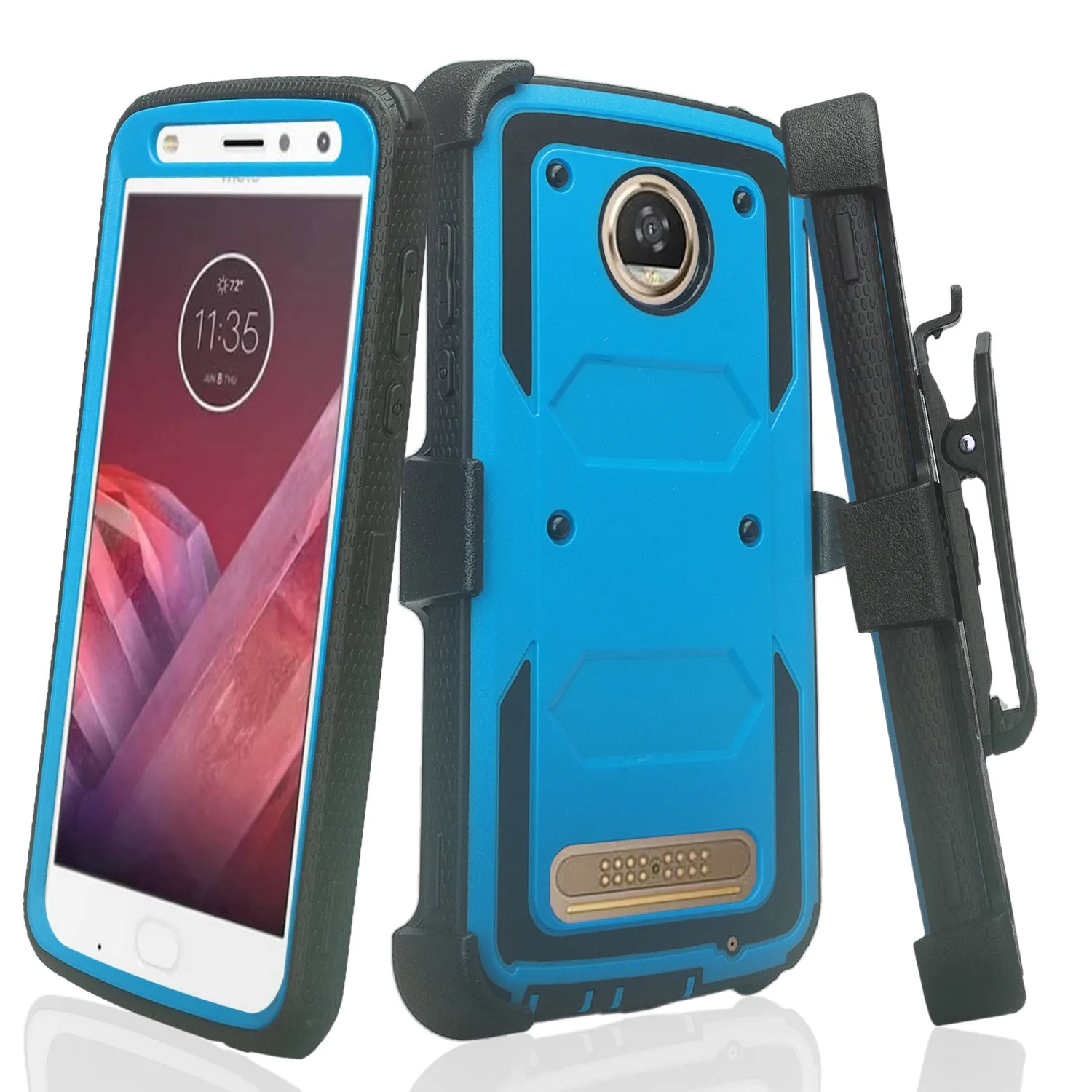 Motorola Moto Z2 Force Case,  Triple Protection 3-1 w/ Built in Screen Protector Heavy Duty Holster Shell Combo Case - Blue
