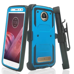 Motorola Moto Z2 Force Case,  Triple Protection 3-1 w/ Built in Screen Protector Heavy Duty Holster Shell Combo Case - Blue