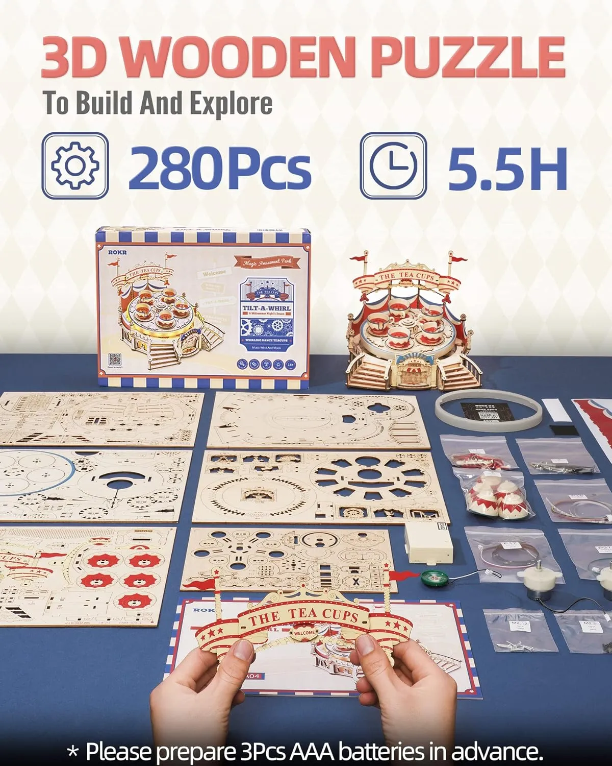 Music Box 3D Wooden Puzzle Kit for Kids & Adults – Tilt-A-Whirl Ride