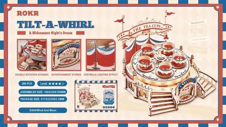 Music Box 3D Wooden Puzzle Kit for Kids & Adults – Tilt-A-Whirl Ride