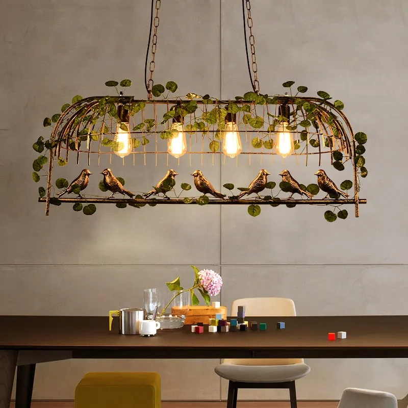 Net Red Plant Chandelier Green Plant Bird Light Bar Music Dining Bar Creative Decoration Iron Art Industrial Wind Pendant Light