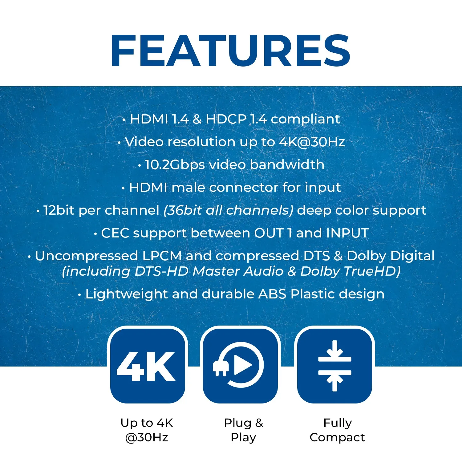 OREI HDMI Splitter 1 input 2 output 4K@30Hz with HDMI Male Connector (HD-102C)
