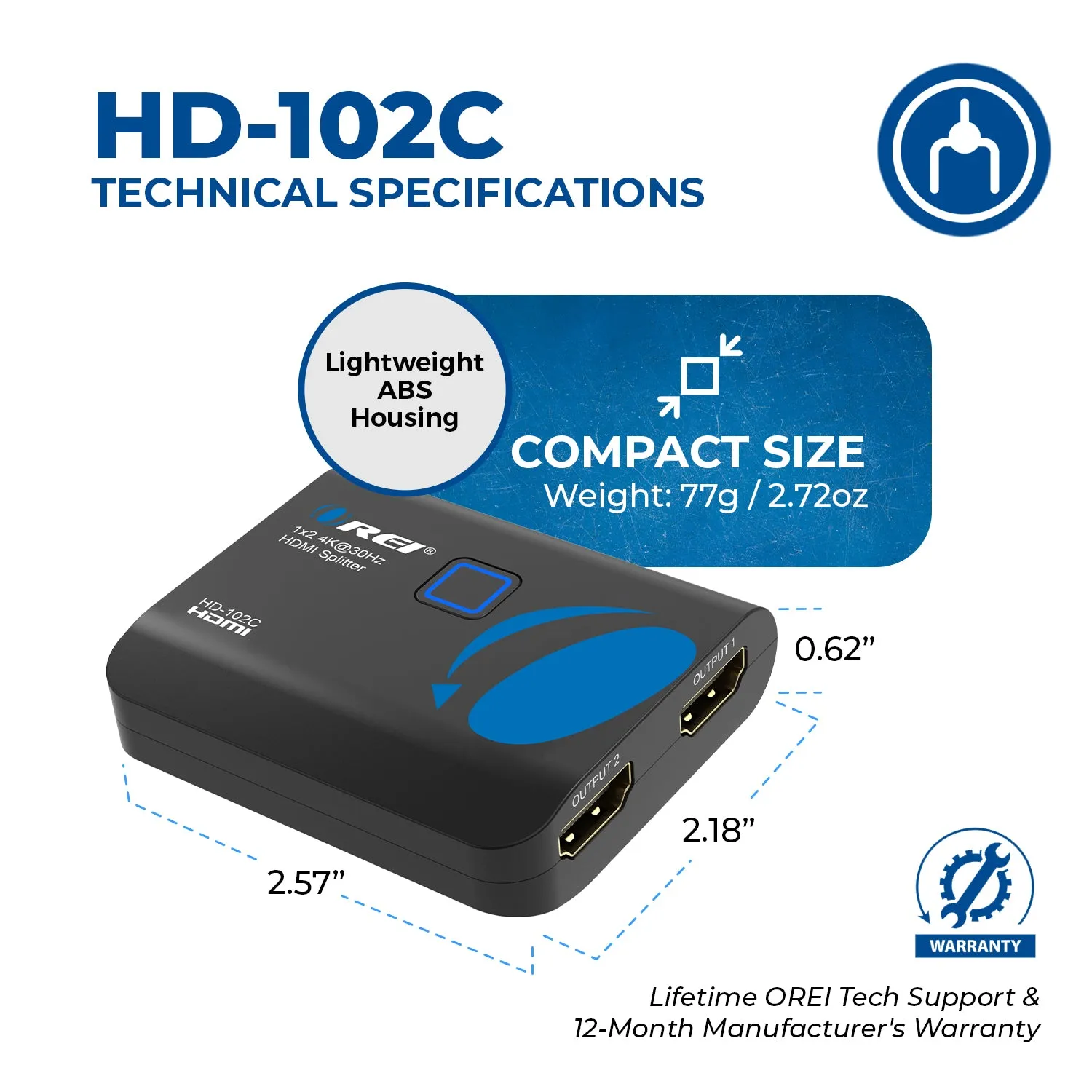 OREI HDMI Splitter 1 input 2 output 4K@30Hz with HDMI Male Connector (HD-102C)
