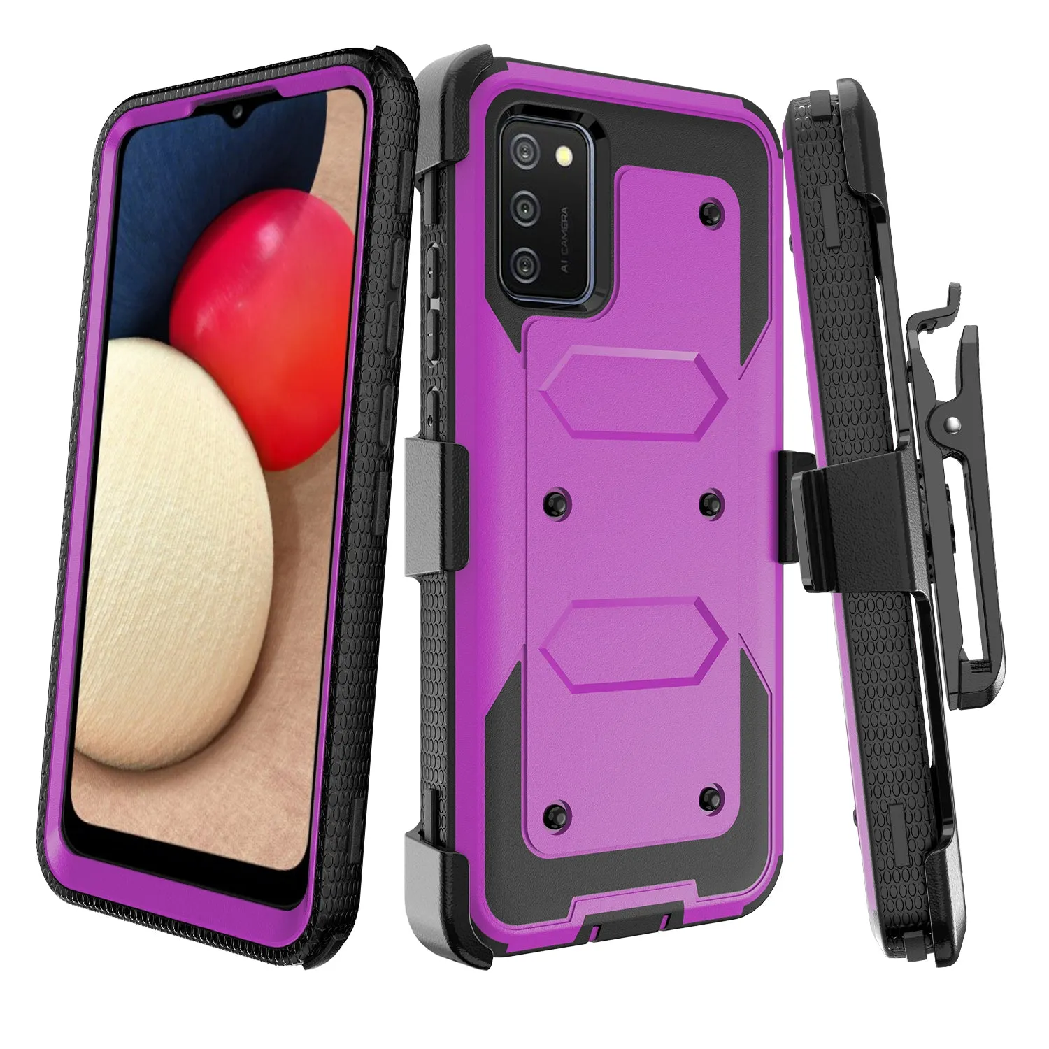 Samsung Galaxy A02s Case, Galaxy A02s Case, Triple Protection 3-1 w/ Built in Screen Protector Heavy Duty Holster Shell Combo Case - Purple