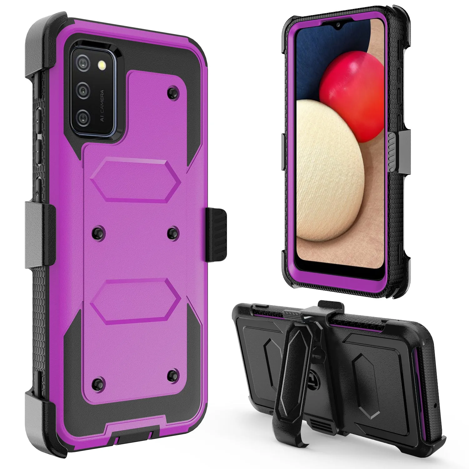 Samsung Galaxy A02s Case, Galaxy A02s Case, Triple Protection 3-1 w/ Built in Screen Protector Heavy Duty Holster Shell Combo Case - Purple