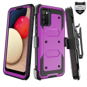 Samsung Galaxy A02s Case, Galaxy A02s Case, Triple Protection 3-1 w/ Built in Screen Protector Heavy Duty Holster Shell Combo Case - Purple