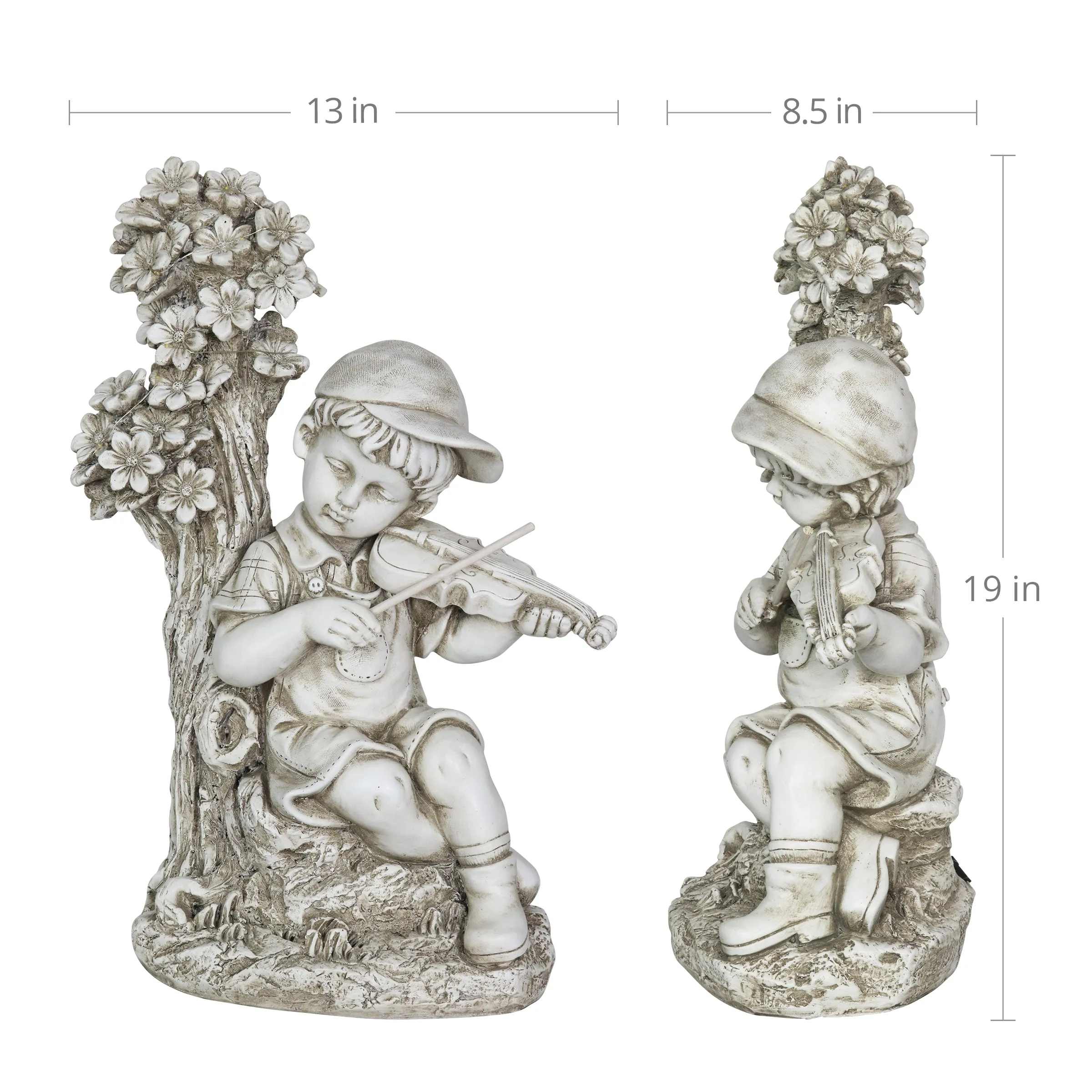 Solar Boy Playing Violin Under a Tree Statue in Natural Resin Finish, 19 Inch