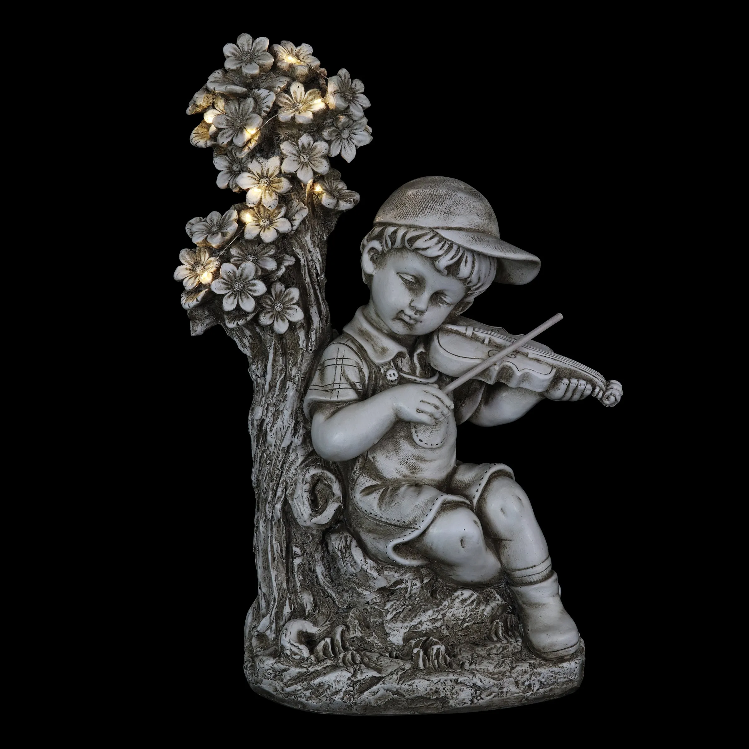 Solar Boy Playing Violin Under a Tree Statue in Natural Resin Finish, 19 Inch