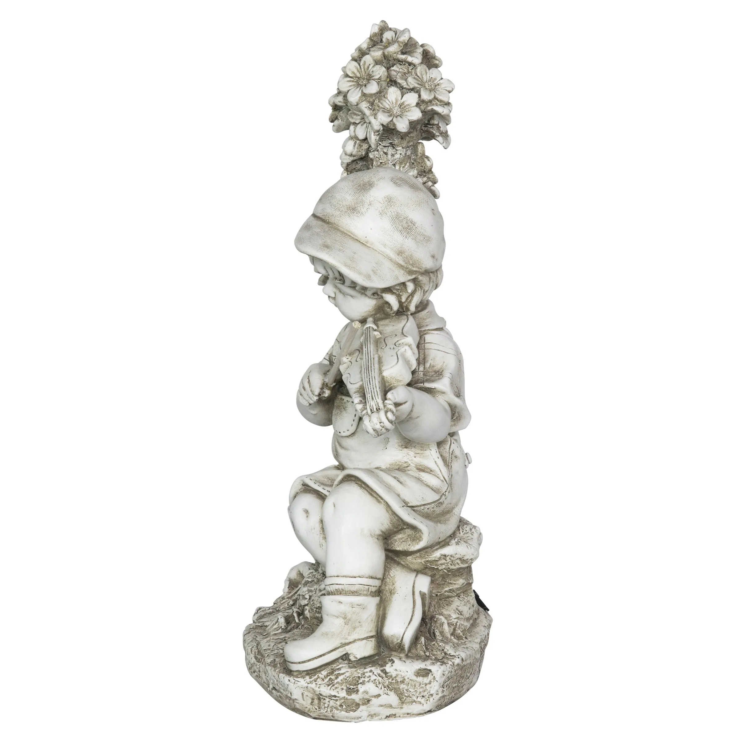 Solar Boy Playing Violin Under a Tree Statue in Natural Resin Finish, 19 Inch