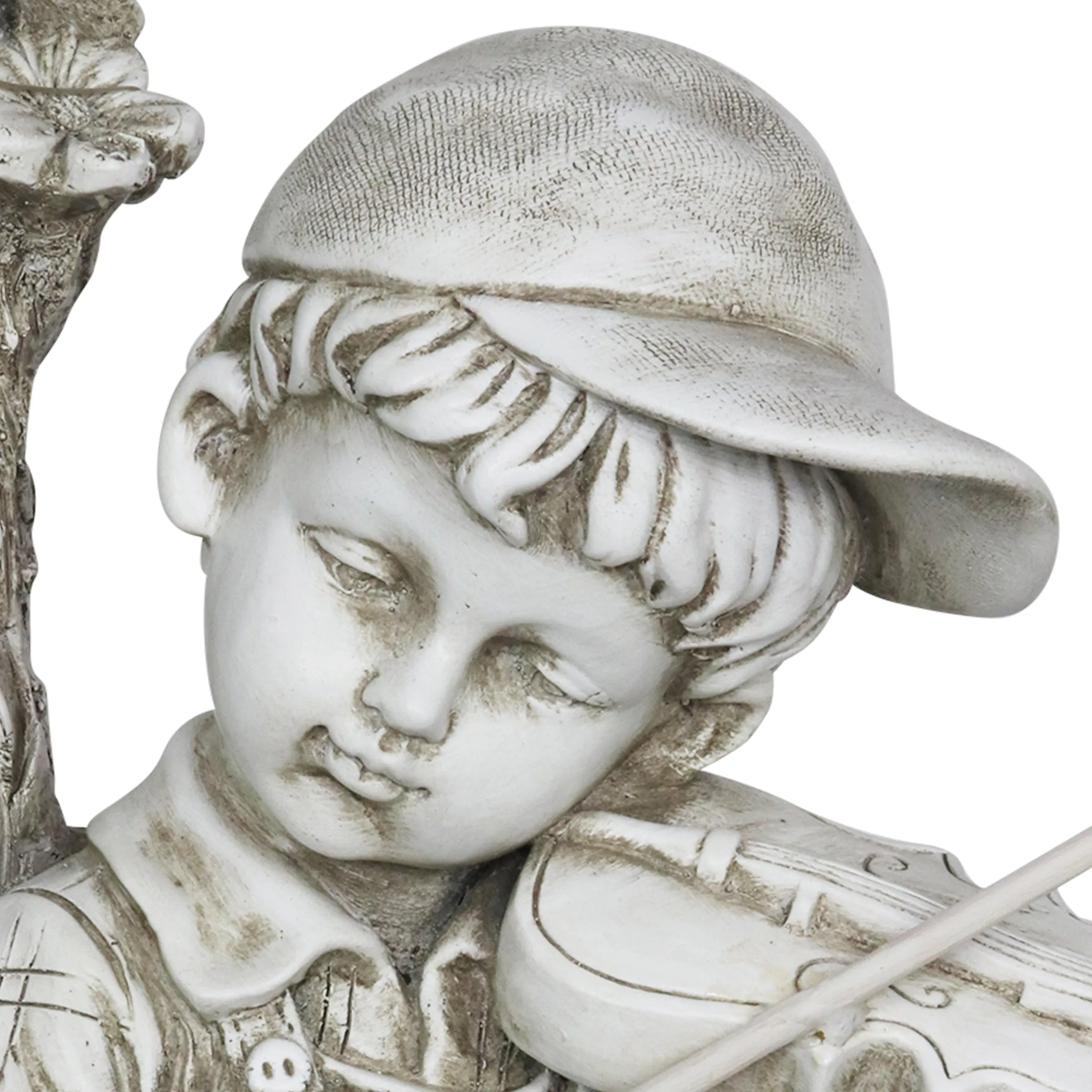 Solar Boy Playing Violin Under a Tree Statue in Natural Resin Finish, 19 Inch