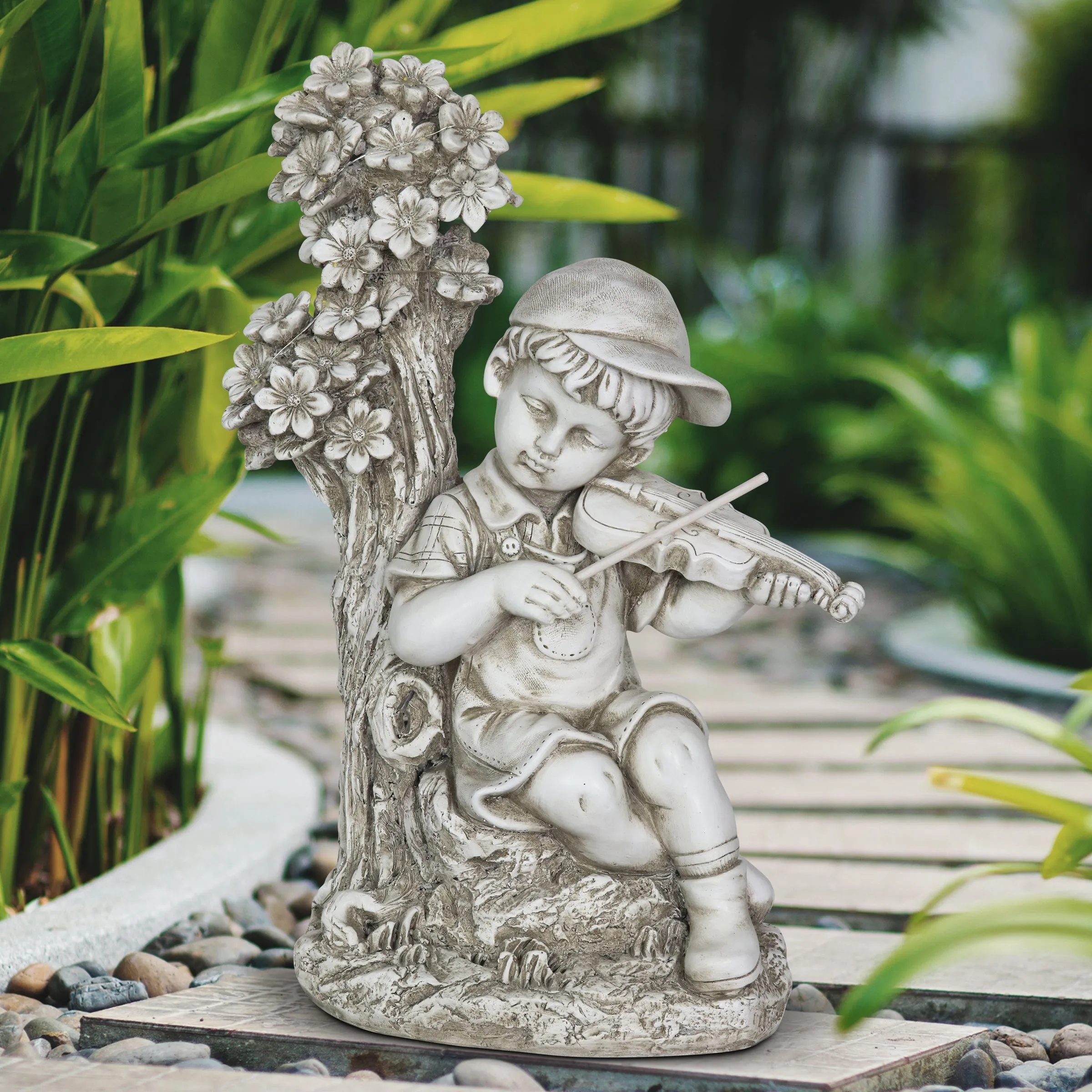 Solar Boy Playing Violin Under a Tree Statue in Natural Resin Finish, 19 Inch