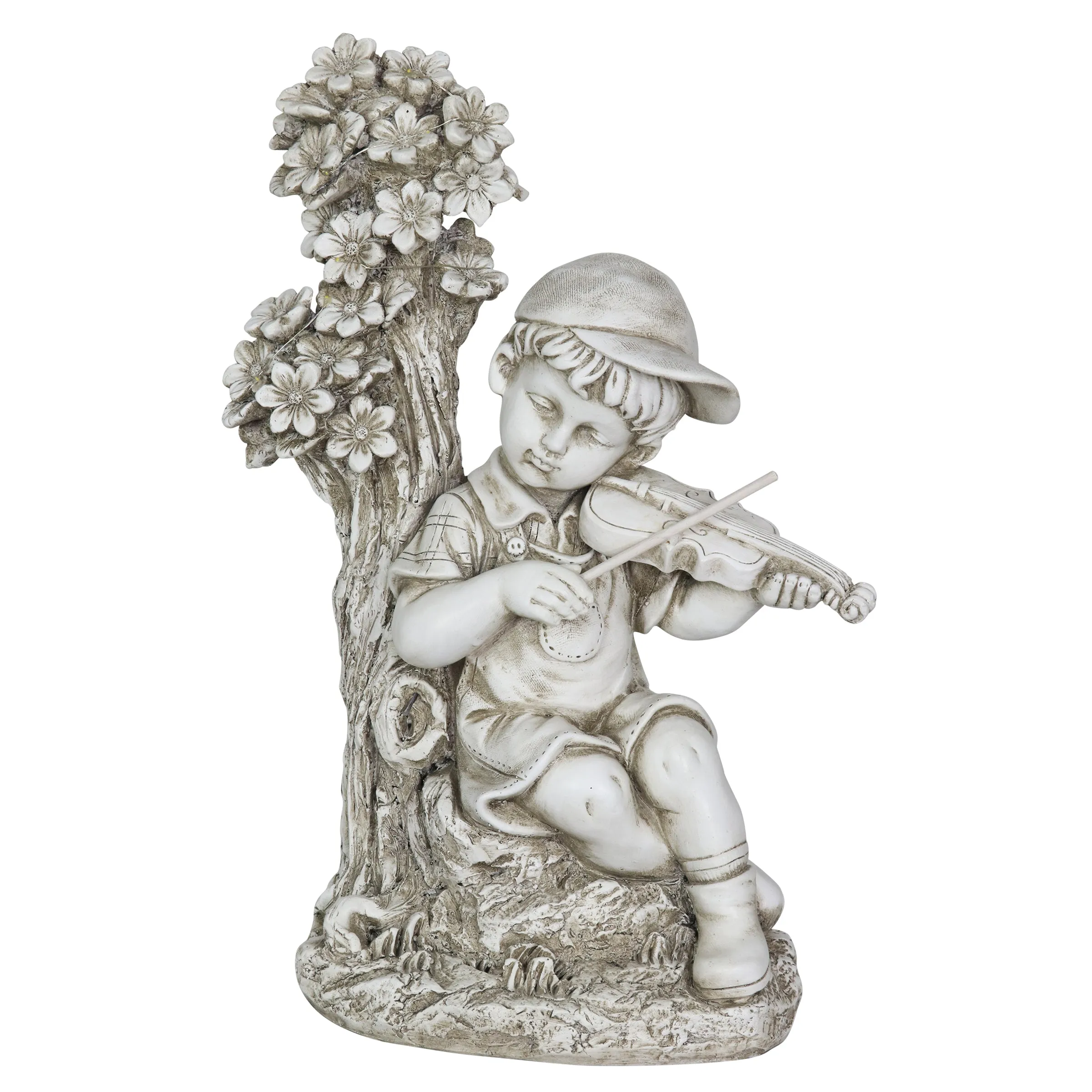 Solar Boy Playing Violin Under a Tree Statue in Natural Resin Finish, 19 Inch