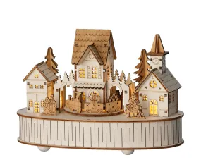 Three Kings 15cm Wooden Village with Train, Trees & Villagers - LED Lights & Music