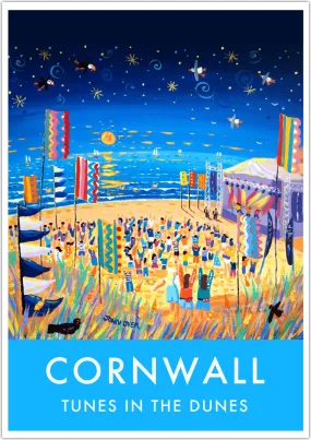 Vintage Style Seaside Travel Poster by Cornish Artist John Dyer of Tunes in the Dunes Music Festival, Perranporth Beach, Cornwall