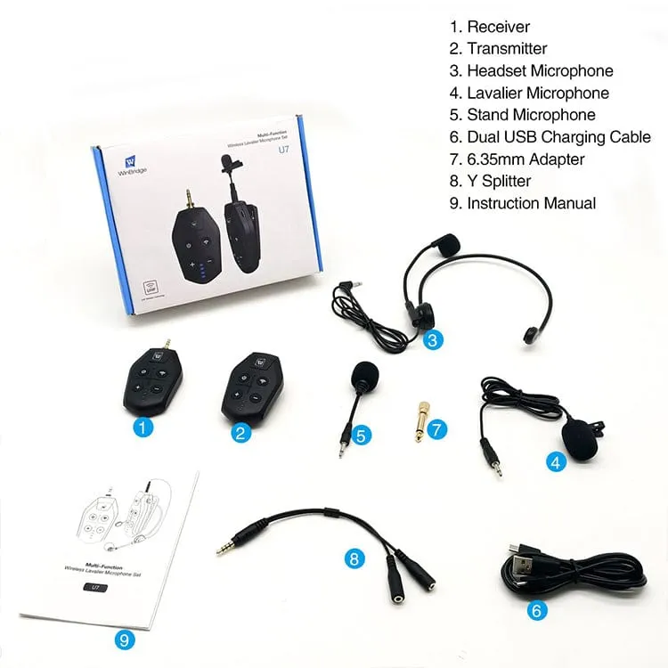 WinBridge U7 UHF Wireless Lavalier Microphone with Lapel Microphone, Headset Mic and Stand Mic