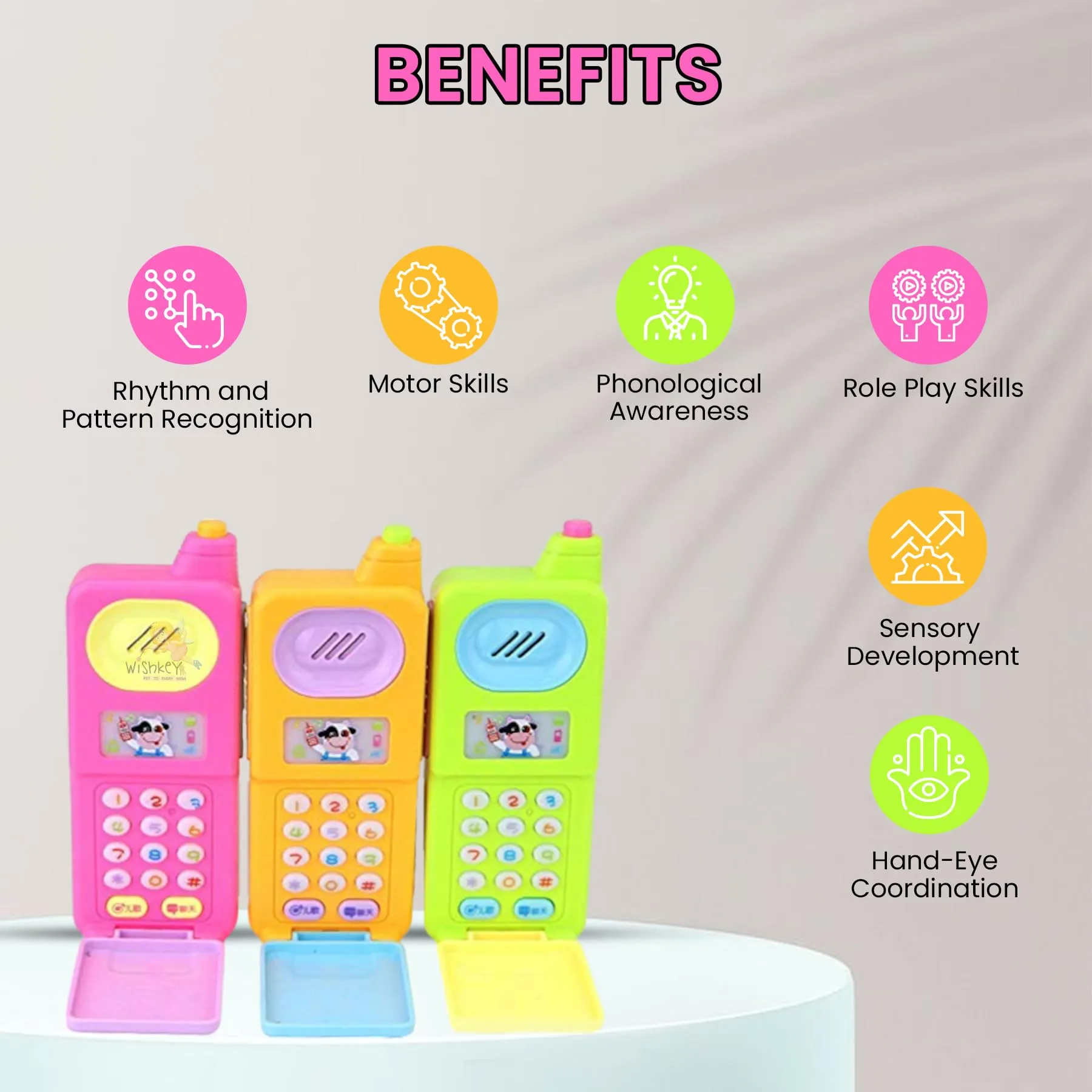 WISHKEY Plastic Musical Flip Mobile Phone Toy, Cell Phone with Colorful Lights and Sound Effects, Multicolor, 3  Years (Pack of 1)